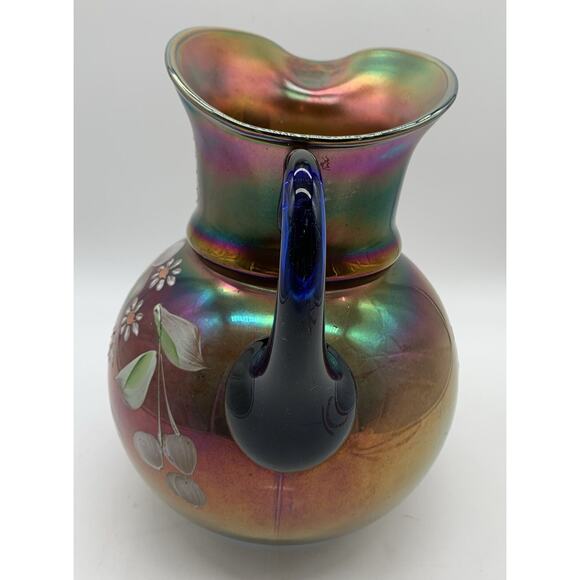 Vintage Cobalt Carnival Glass Cherry Blossom Water Pitcher Irredescent Read!! - Picture 4 of 13